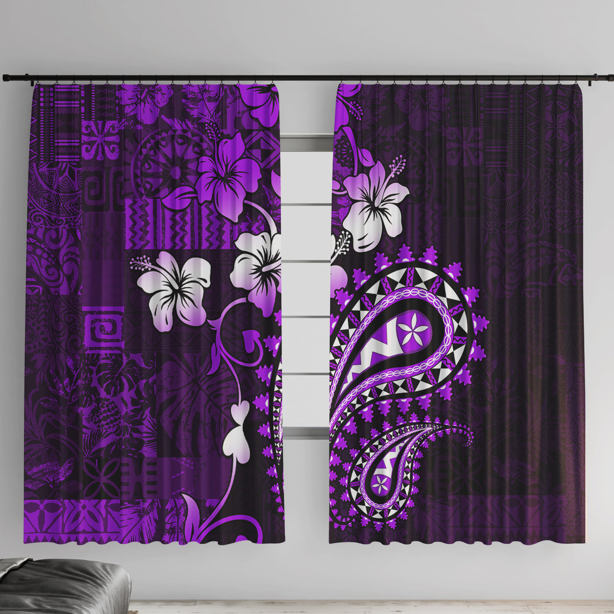 Fiji Masi Paisley Window Curtain Fijian Hibiscus Tapa Purple Version LT01 With Hooks Purple - Polynesian Pride