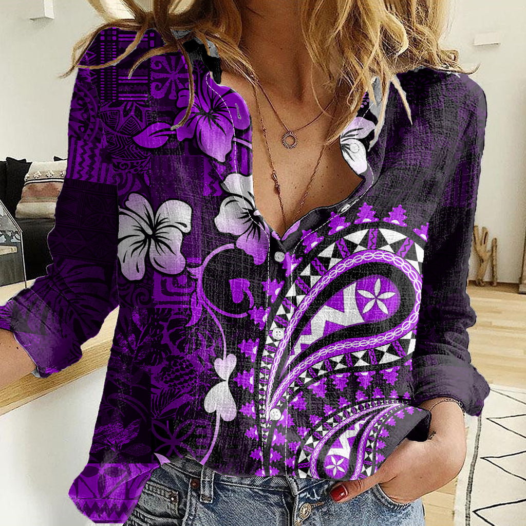 Fiji Masi Paisley Women Casual Shirt Fijian Hibiscus Tapa Purple Version LT01 Female Purple - Polynesian Pride