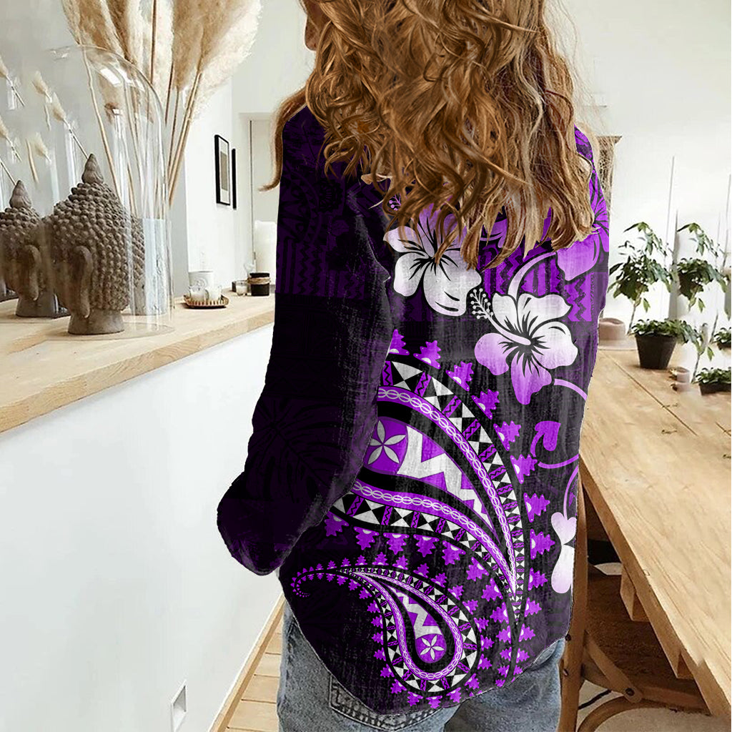 Fiji Masi Paisley Women Casual Shirt Fijian Hibiscus Tapa Purple Version LT01 - Polynesian Pride