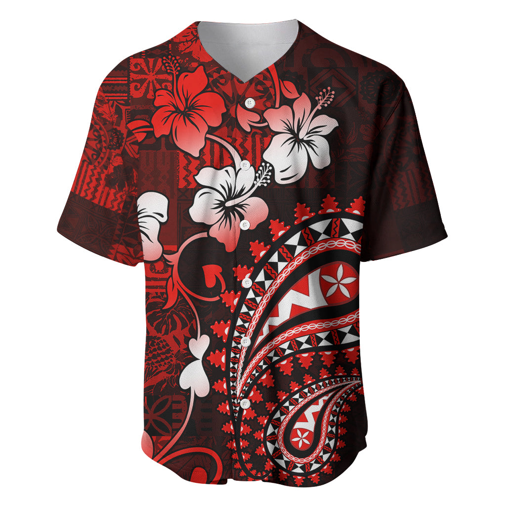 Fiji Masi Paisley Baseball Jersey Fijian Hibiscus Tapa Red Version LT01 Red - Polynesian Pride