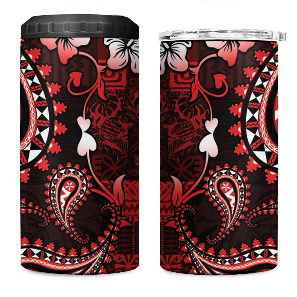 Fiji Masi Paisley 4 in 1 Can Cooler Tumbler Fijian Hibiscus Tapa Red Version