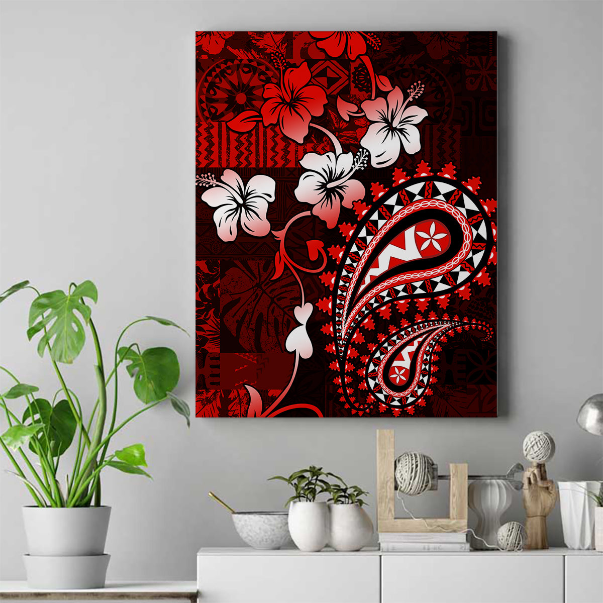 Fiji Masi Paisley Canvas Wall Art Fijian Hibiscus Tapa Red Version LT01 Red - Polynesian Pride