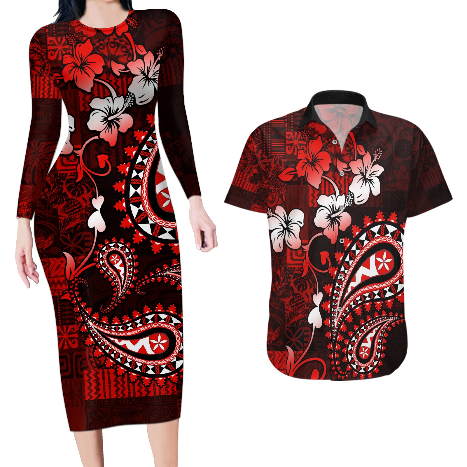 Fiji Masi Paisley Couples Matching Long Sleeve Bodycon Dress and Hawaiian Shirt Fijian Hibiscus Tapa Red Version LT01 Red - Polynesian Pride