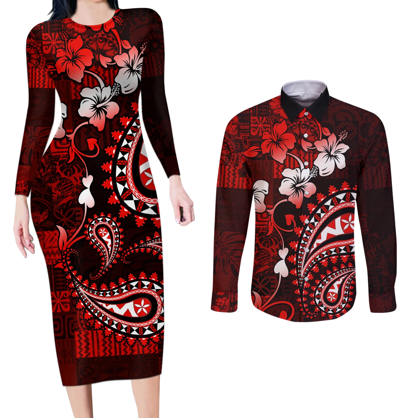 Fiji Masi Paisley Couples Matching Long Sleeve Bodycon Dress and Long Sleeve Button Shirt Fijian Hibiscus Tapa Red Version LT01 Red - Polynesian Pride
