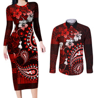Fiji Masi Paisley Couples Matching Long Sleeve Bodycon Dress and Long Sleeve Button Shirt Fijian Hibiscus Tapa Red Version LT01 Red - Polynesian Pride