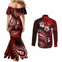 Fiji Masi Paisley Couples Matching Mermaid Dress and Long Sleeve Button Shirt Fijian Hibiscus Tapa Red Version LT01 - Polynesian Pride