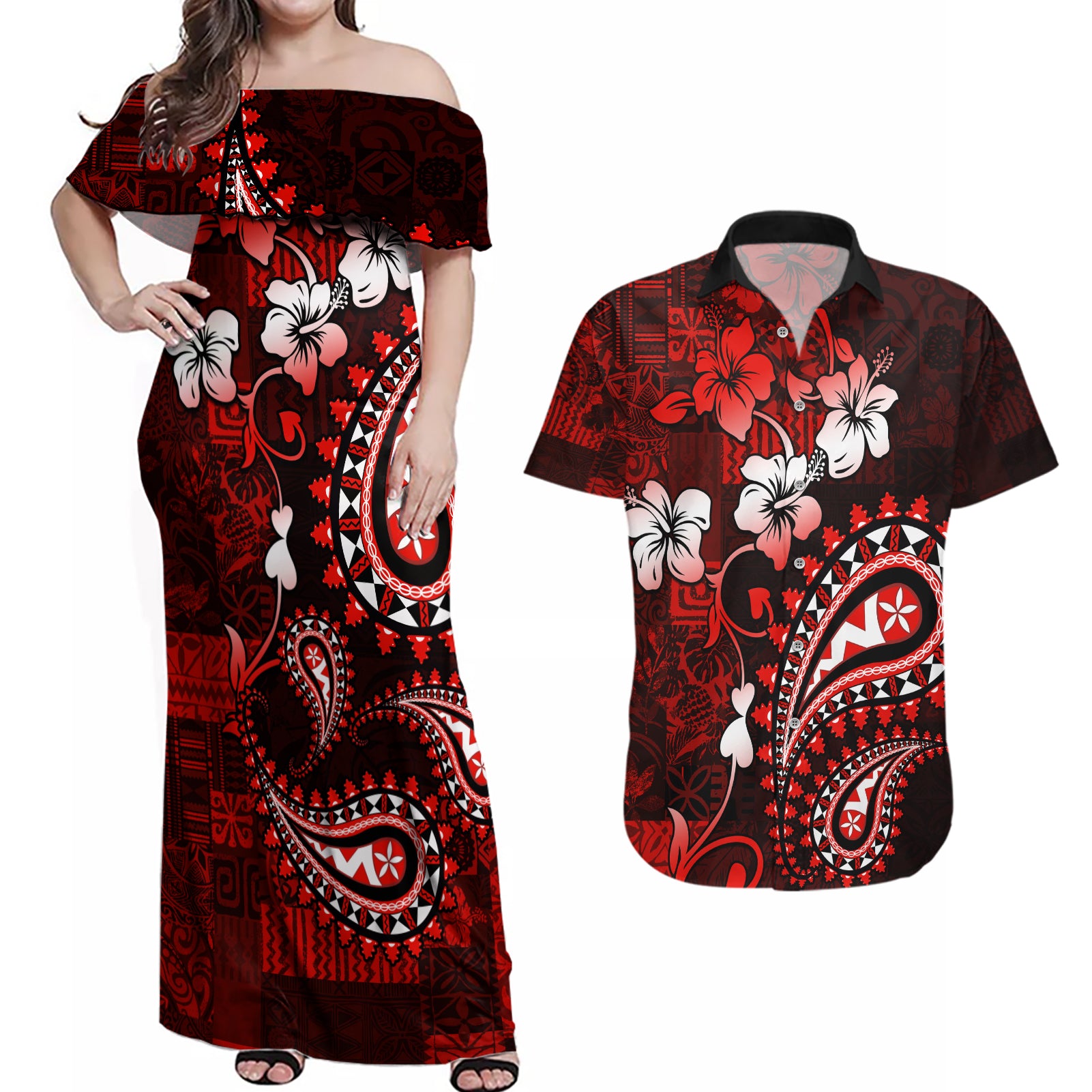 Fiji Masi Paisley Couples Matching Off Shoulder Maxi Dress and Hawaiian Shirt Fijian Hibiscus Tapa Red Version LT01 Red - Polynesian Pride