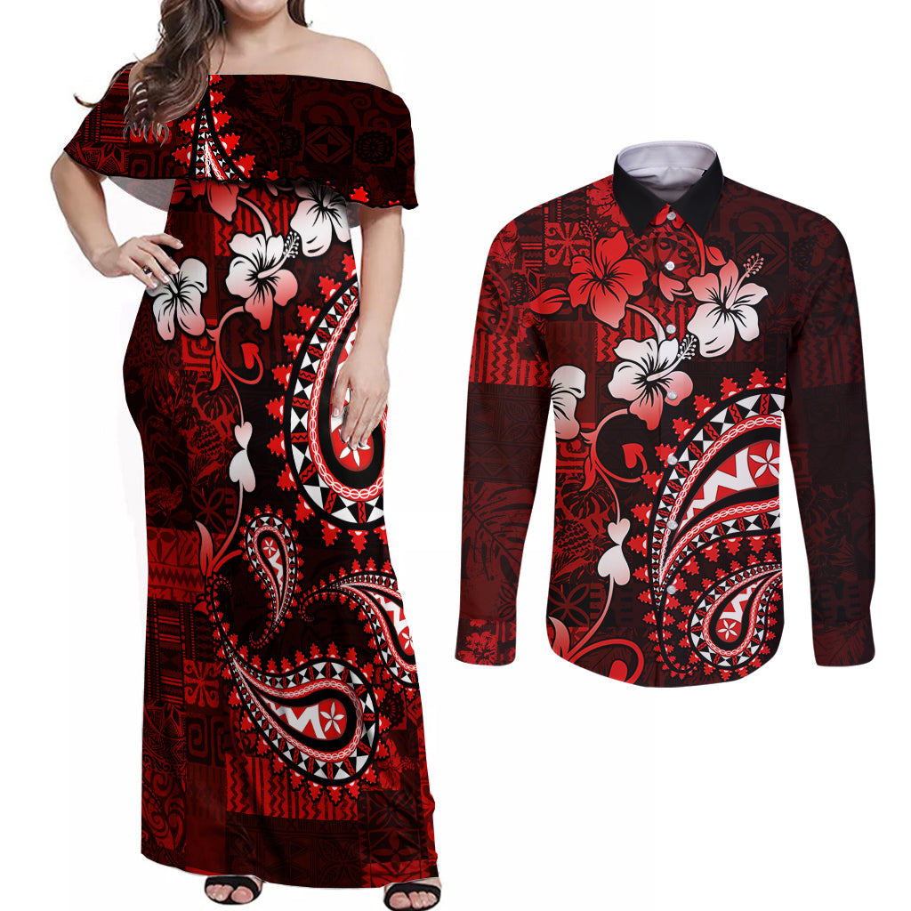 Fiji Masi Paisley Couples Matching Off Shoulder Maxi Dress and Long Sleeve Button Shirt Fijian Hibiscus Tapa Red Version LT01 Red - Polynesian Pride