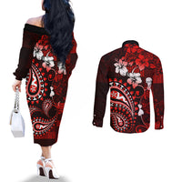 Fiji Masi Paisley Couples Matching Off The Shoulder Long Sleeve Dress and Long Sleeve Button Shirt Fijian Hibiscus Tapa Red Version LT01 - Polynesian Pride