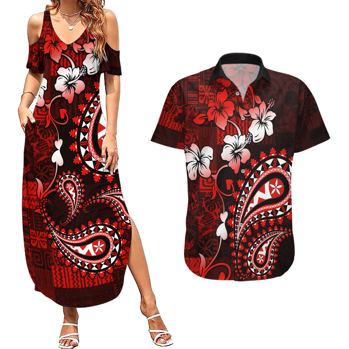 Fiji Masi Paisley Couples Matching Summer Maxi Dress and Hawaiian Shirt Fijian Hibiscus Tapa Red Version LT01 Red - Polynesian Pride