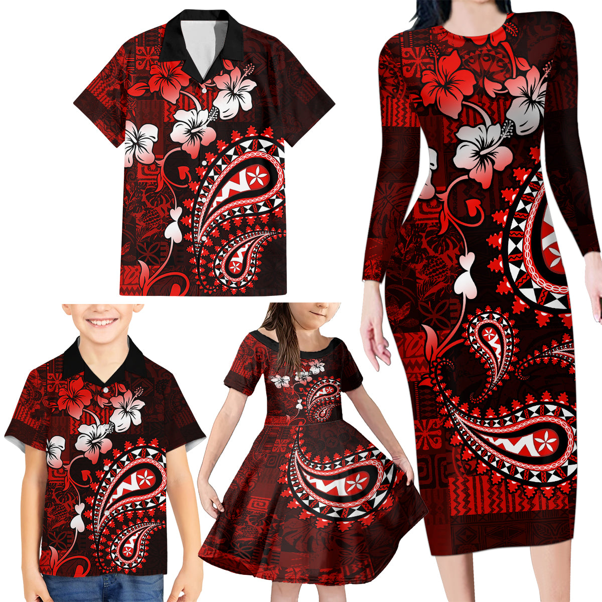 Fiji Masi Paisley Family Matching Long Sleeve Bodycon Dress and Hawaiian Shirt Fijian Hibiscus Tapa Red Version LT01 - Polynesian Pride