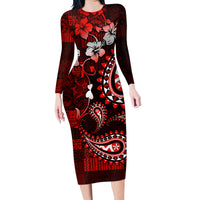 Fiji Masi Paisley Family Matching Long Sleeve Bodycon Dress and Hawaiian Shirt Fijian Hibiscus Tapa Red Version LT01 Mom's Dress Red - Polynesian Pride