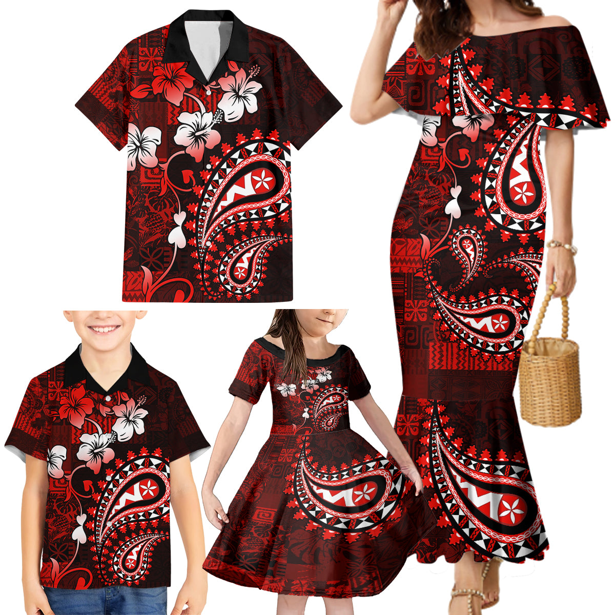 Fiji Masi Paisley Family Matching Mermaid Dress and Hawaiian Shirt Fijian Hibiscus Tapa Red Version LT01 - Polynesian Pride