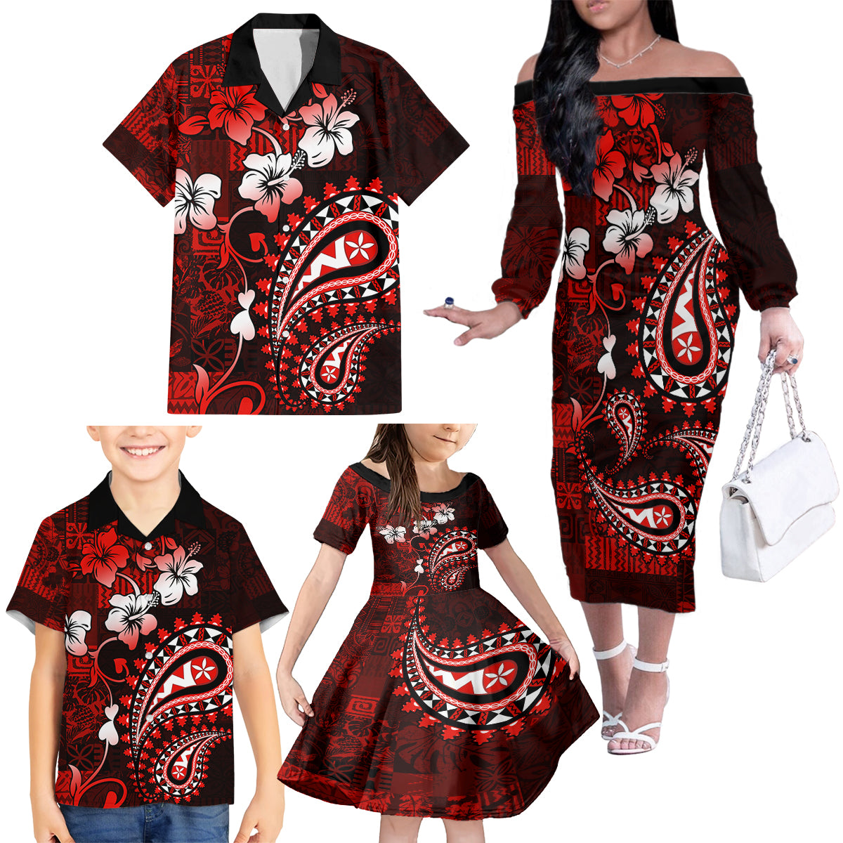 Fiji Masi Paisley Family Matching Off Shoulder Long Sleeve Dress and Hawaiian Shirt Fijian Hibiscus Tapa Red Version LT01 - Polynesian Pride