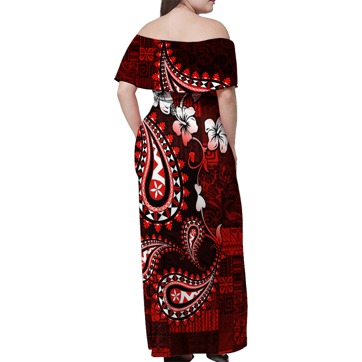 Fiji Masi Paisley Family Matching Off Shoulder Maxi Dress and Hawaiian Shirt Fijian Hibiscus Tapa Red Version LT01 - Polynesian Pride