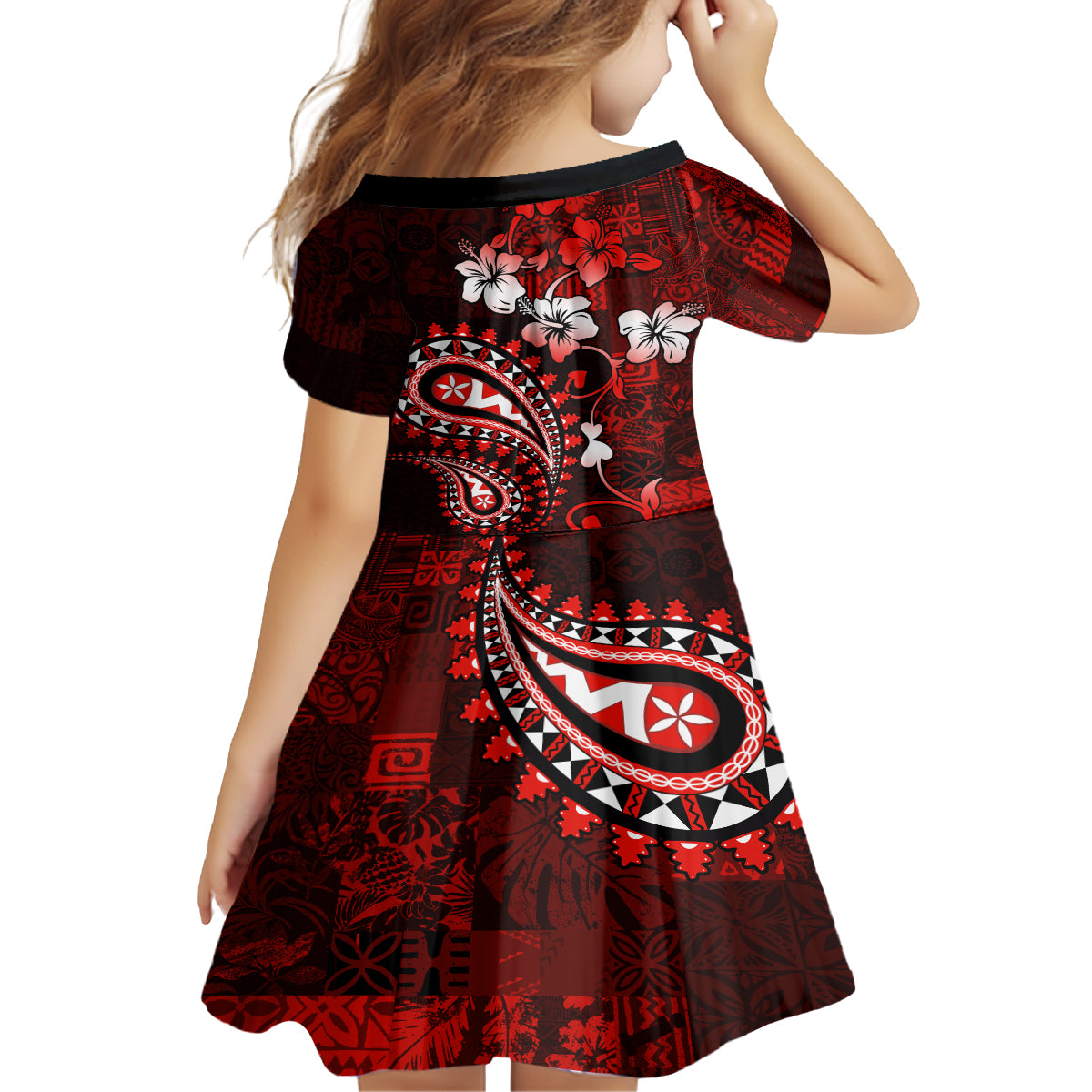 Fiji Masi Paisley Family Matching Off Shoulder Short Dress and Hawaiian Shirt Fijian Hibiscus Tapa Red Version LT01 - Polynesian Pride