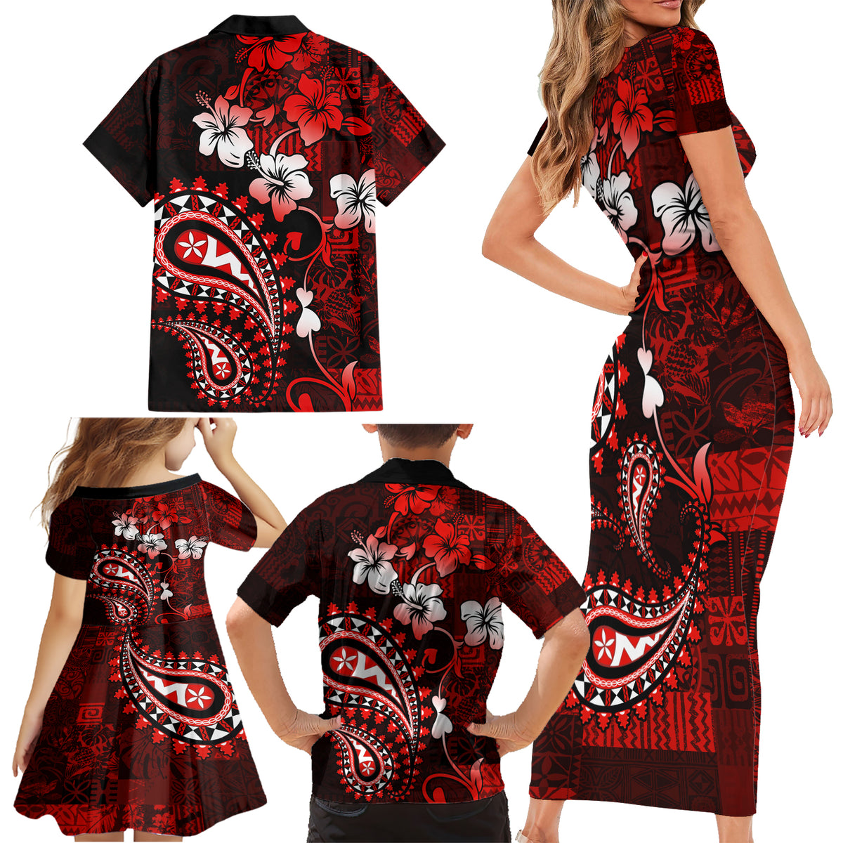 Fiji Masi Paisley Family Matching Short Sleeve Bodycon Dress and Hawaiian Shirt Fijian Hibiscus Tapa Red Version LT01 - Polynesian Pride