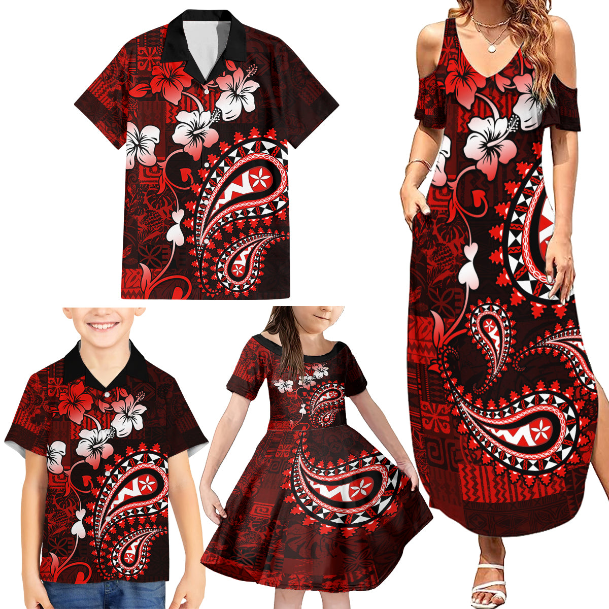 Fiji Masi Paisley Family Matching Summer Maxi Dress and Hawaiian Shirt Fijian Hibiscus Tapa Red Version LT01 - Polynesian Pride