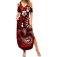 Fiji Masi Paisley Family Matching Summer Maxi Dress and Hawaiian Shirt Fijian Hibiscus Tapa Red Version LT01 Mom's Dress Red - Polynesian Pride
