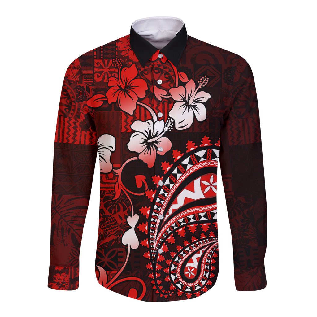 Fiji Masi Paisley Long Sleeve Button Shirt Fijian Hibiscus Tapa Red Version LT01 Unisex Red - Polynesian Pride