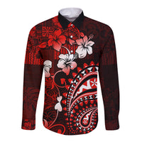 Fiji Masi Paisley Long Sleeve Button Shirt Fijian Hibiscus Tapa Red Version LT01 Unisex Red - Polynesian Pride