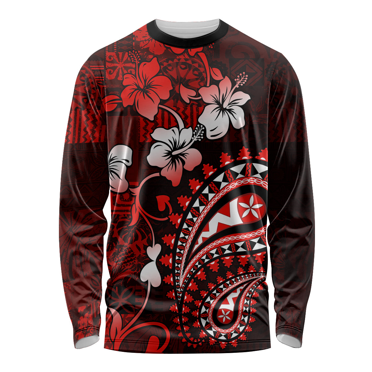 Fiji Masi Paisley Long Sleeve Shirt Fijian Hibiscus Tapa Red Version LT01 Unisex Red - Polynesian Pride