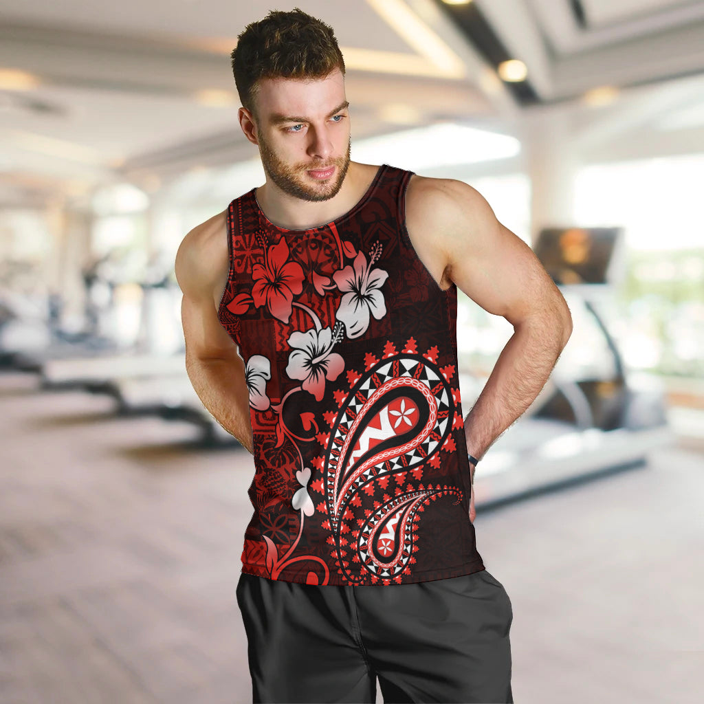 Fiji Masi Paisley Men Tank Top Fijian Hibiscus Tapa Red Version LT01 Red - Polynesian Pride