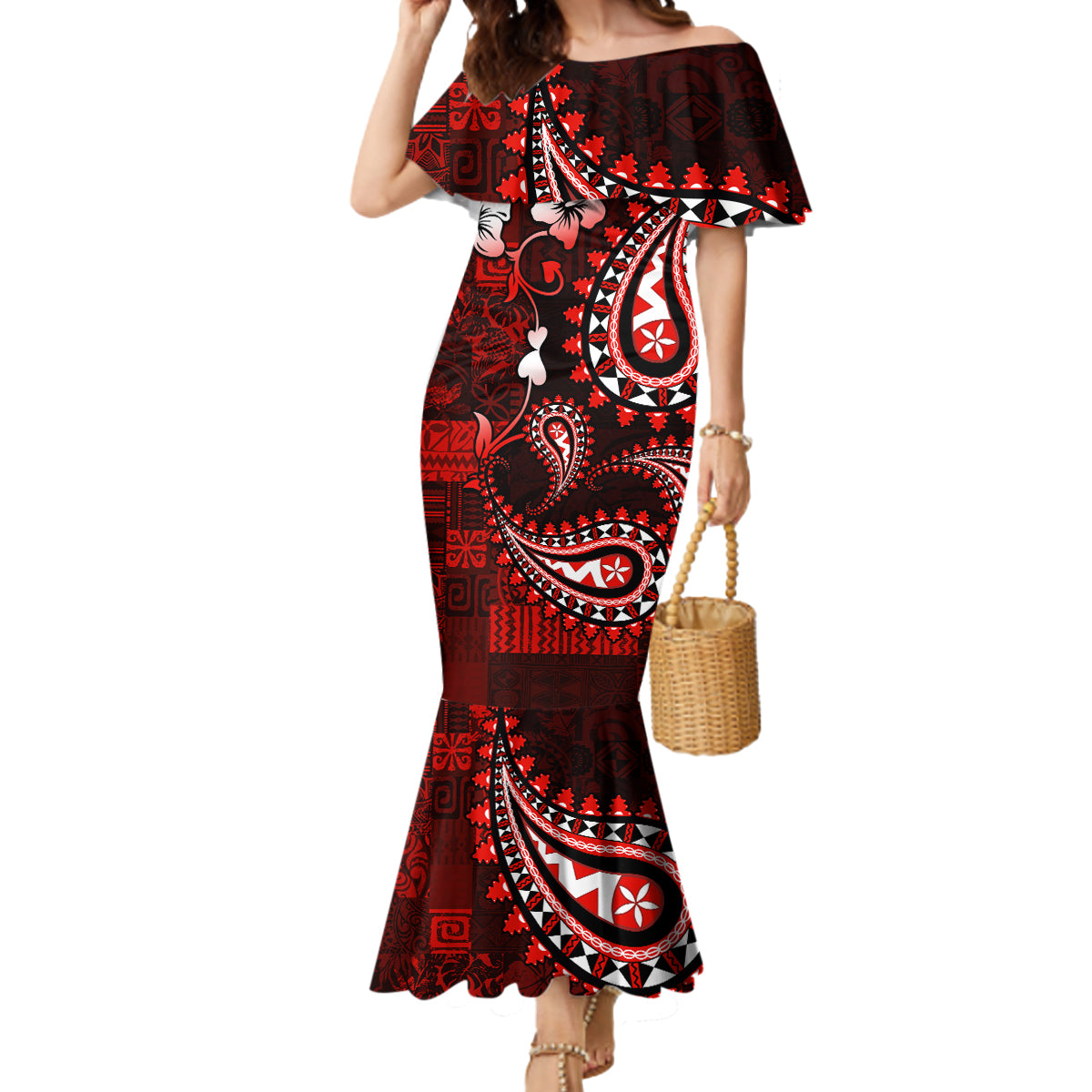 Fiji Masi Paisley Mermaid Dress Fijian Hibiscus Tapa Red Version LT01 Women Red - Polynesian Pride