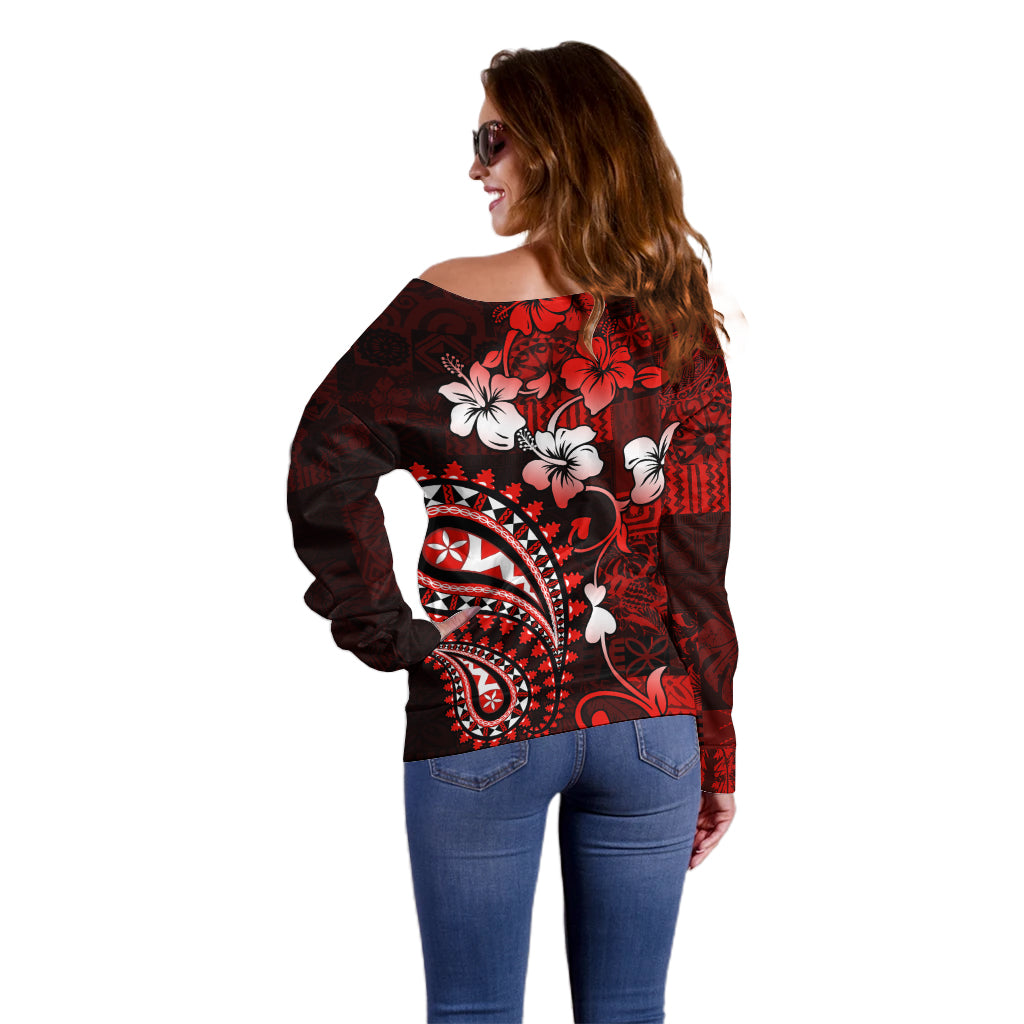 Fiji Masi Paisley Off Shoulder Sweater Fijian Hibiscus Tapa Red Version LT01 - Polynesian Pride