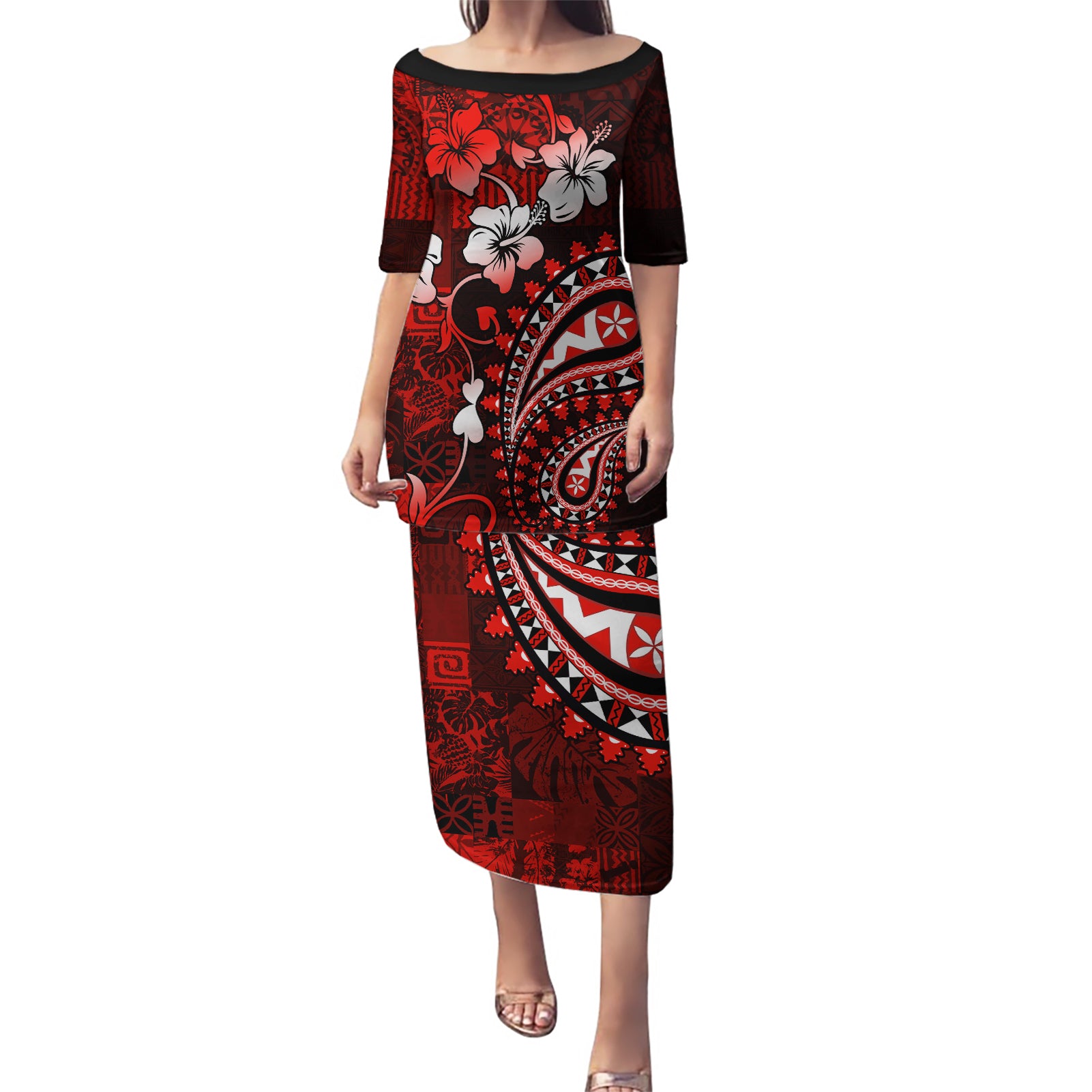 Fiji Masi Paisley Puletasi Fijian Hibiscus Tapa Red Version LT01 Long Dress Red - Polynesian Pride