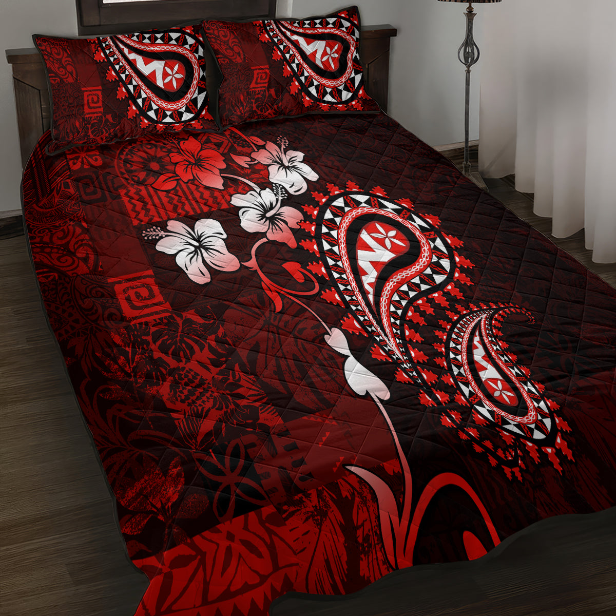 Fiji Masi Paisley Quilt Bed Set Fijian Hibiscus Tapa Red Version LT01 - Polynesian Pride