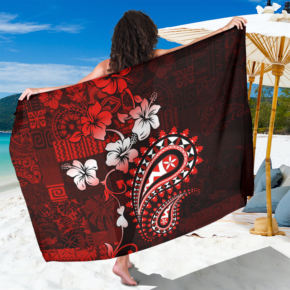 Fiji Masi Paisley Sarong Fijian Hibiscus Tapa Red Version LT01 One Size 44 x 66 inches Red - Polynesian Pride