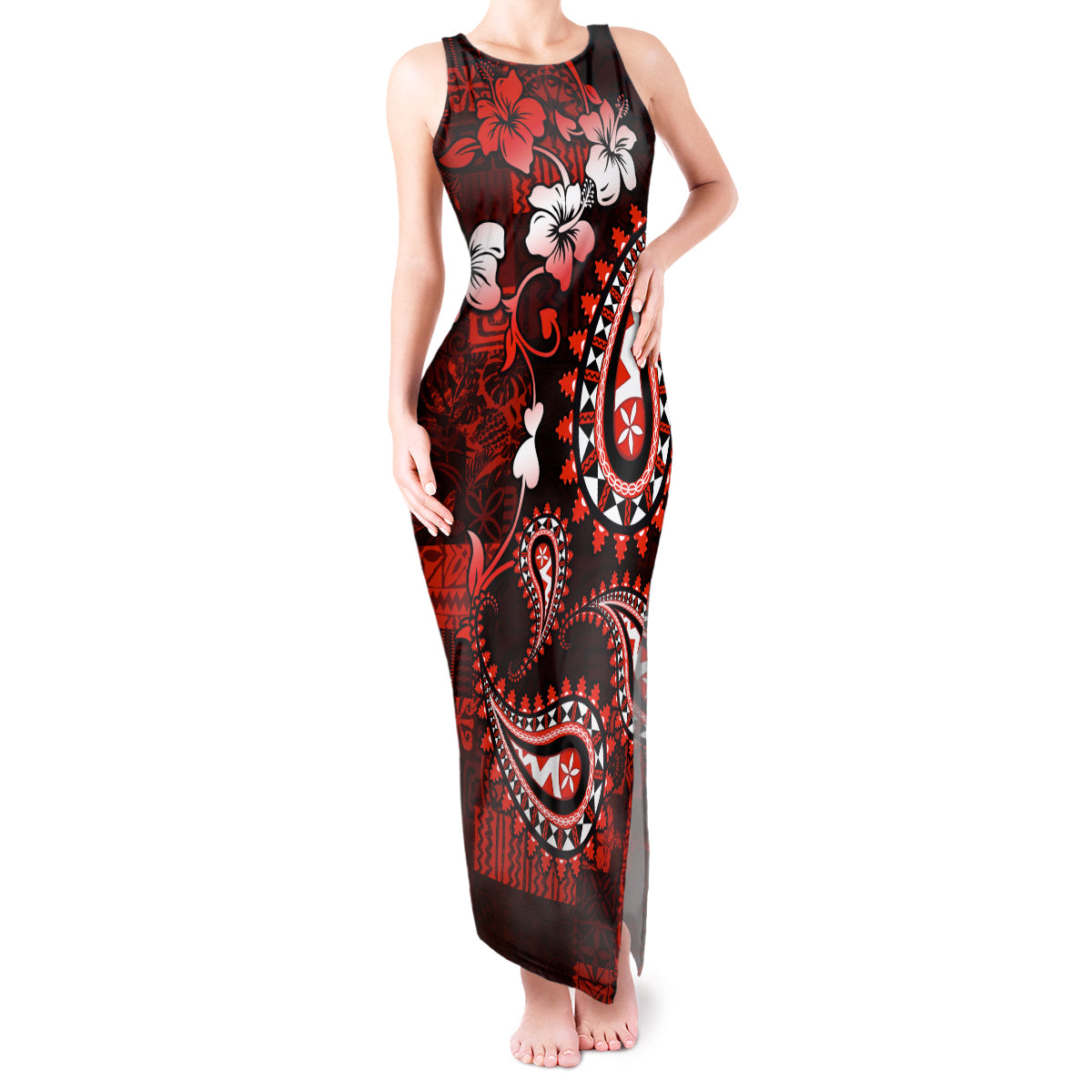 Fiji Masi Paisley Tank Maxi Dress Fijian Hibiscus Tapa Red Version LT01 Women Red - Polynesian Pride