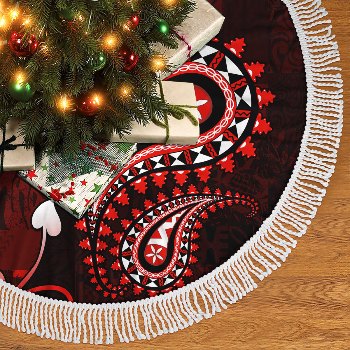 Fiji Masi Paisley Tree Skirt Fijian Hibiscus Tapa Red Version LT01 - Polynesian Pride