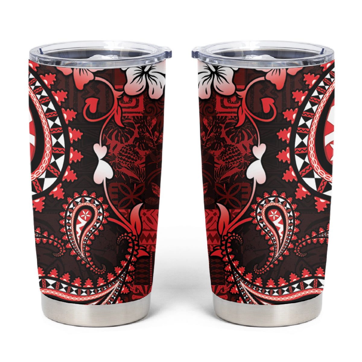 Fiji Masi Paisley Tumbler Cup Fijian Hibiscus Tapa Red Version