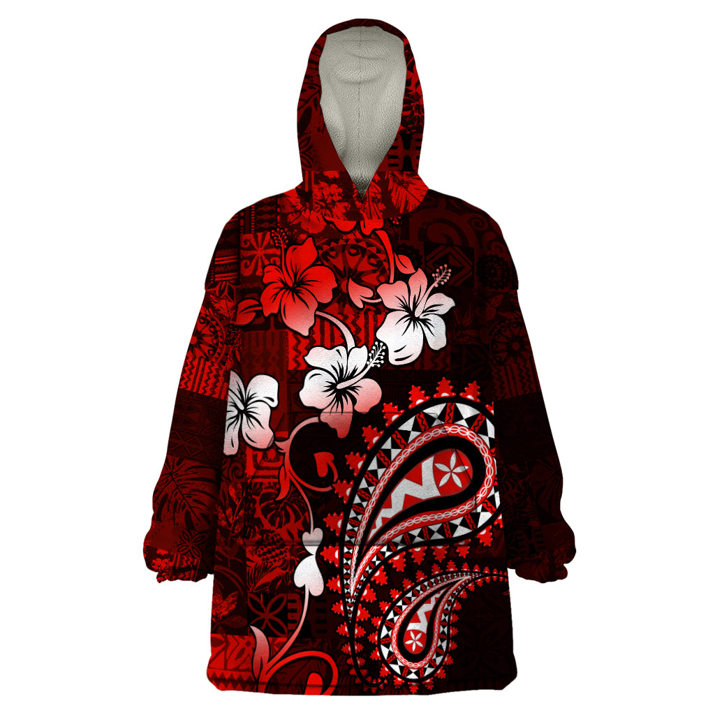 Fiji Masi Paisley Wearable Blanket Hoodie Fijian Hibiscus Tapa Red Version LT01 One Size Red - Polynesian Pride