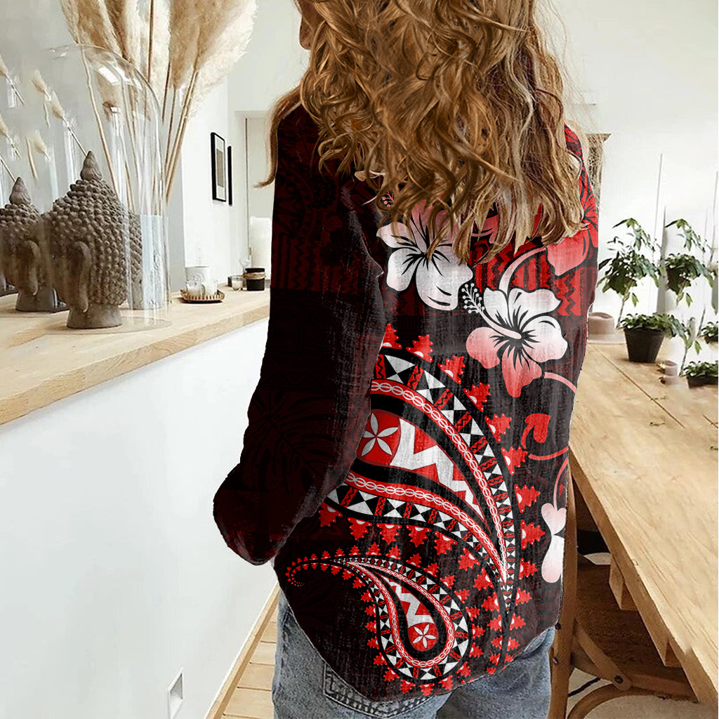Fiji Masi Paisley Women Casual Shirt Fijian Hibiscus Tapa Red Version LT01 - Polynesian Pride
