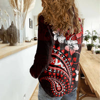 Fiji Masi Paisley Women Casual Shirt Fijian Hibiscus Tapa Red Version LT01 - Polynesian Pride