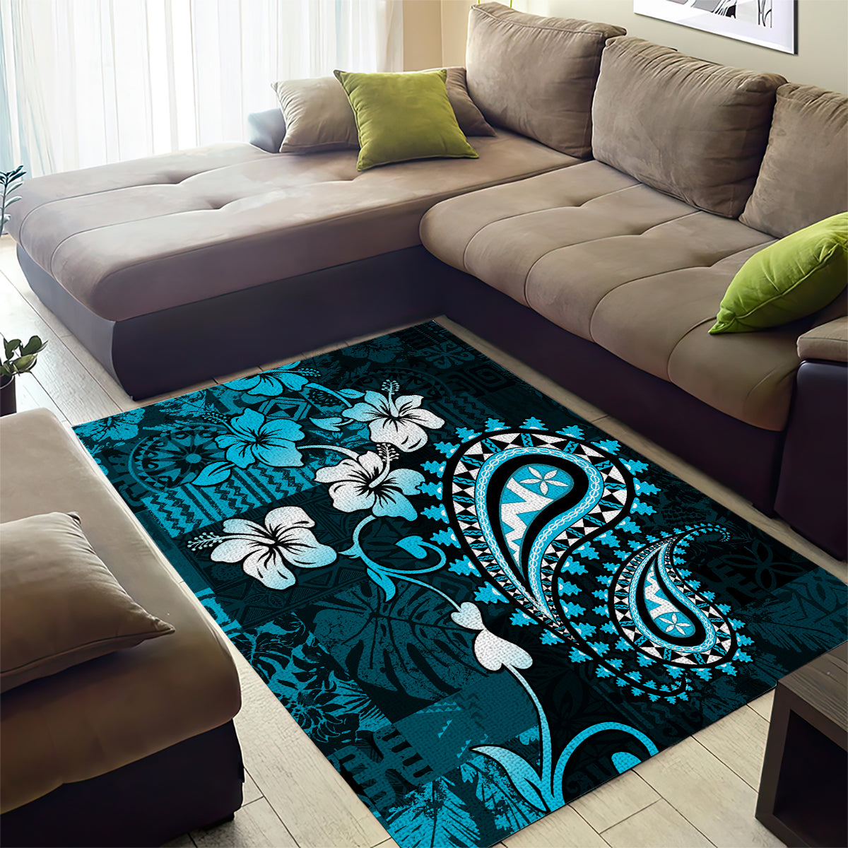 Fiji Masi Paisley Area Rug Fijian Hibiscus Tapa Sky Blue Version LT01 - Polynesian Pride