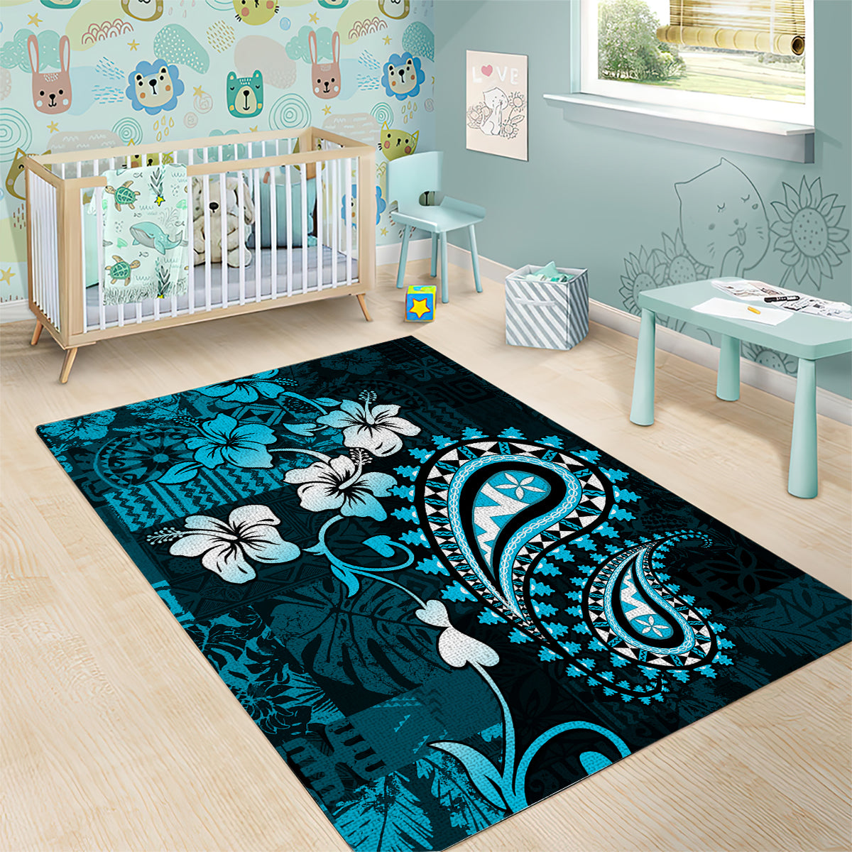 Fiji Masi Paisley Area Rug Fijian Hibiscus Tapa Sky Blue Version LT01 - Polynesian Pride