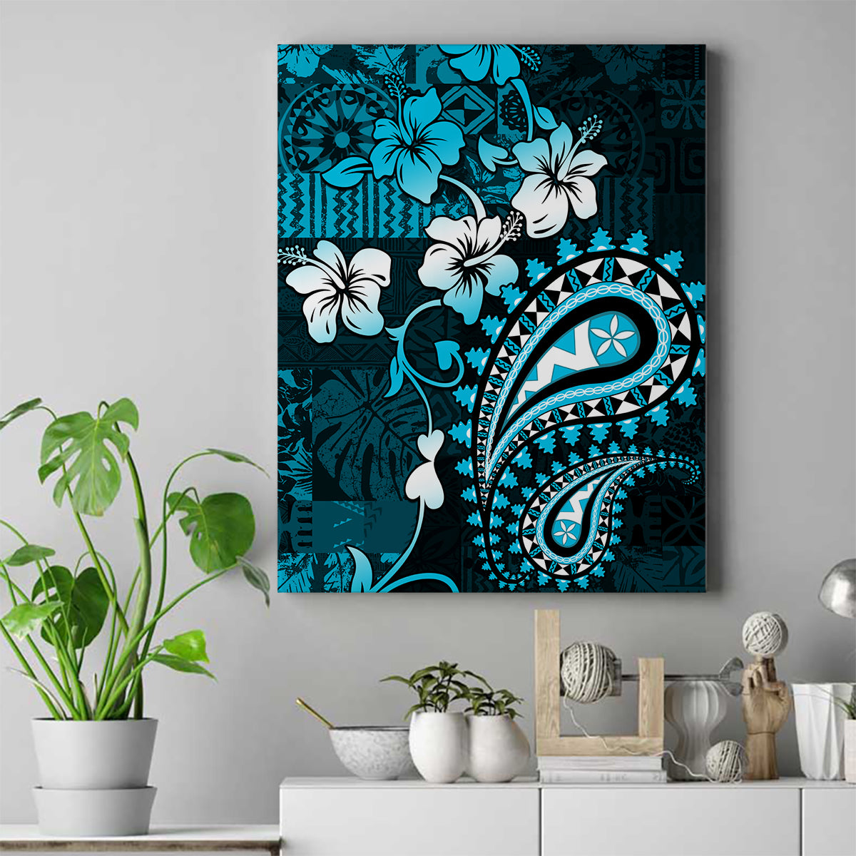 Fiji Masi Paisley Canvas Wall Art Fijian Hibiscus Tapa Sky Blue Version LT01 Blue - Polynesian Pride