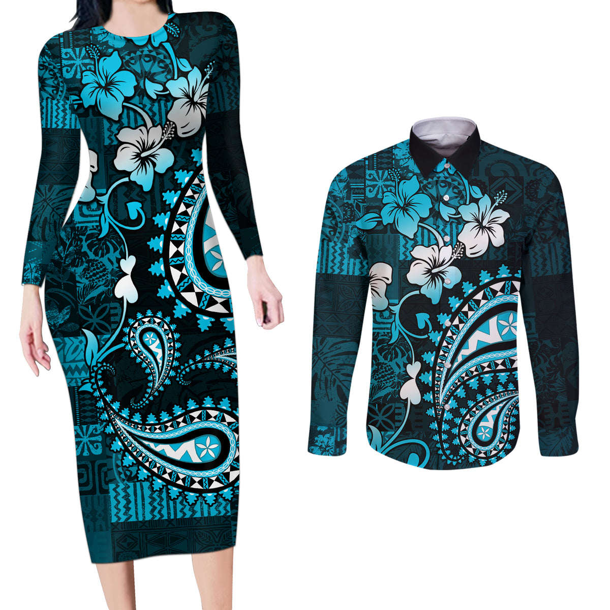 Fiji Masi Paisley Couples Matching Long Sleeve Bodycon Dress and Long Sleeve Button Shirt Fijian Hibiscus Tapa Sky Blue Version LT01 Blue - Polynesian Pride