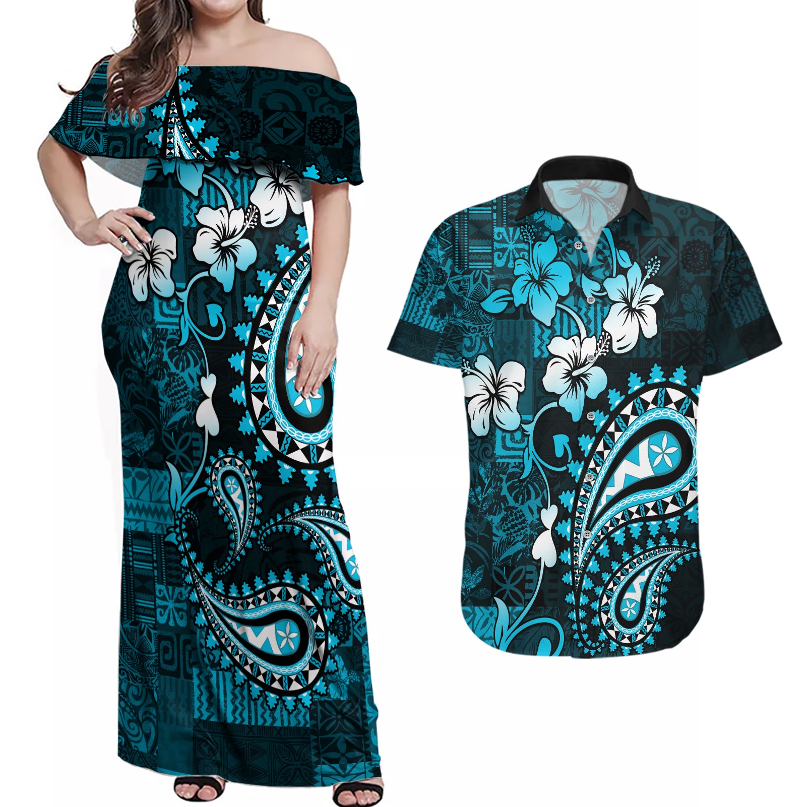 Fiji Masi Paisley Couples Matching Off Shoulder Maxi Dress and Hawaiian Shirt Fijian Hibiscus Tapa Sky Blue Version LT01 Blue - Polynesian Pride