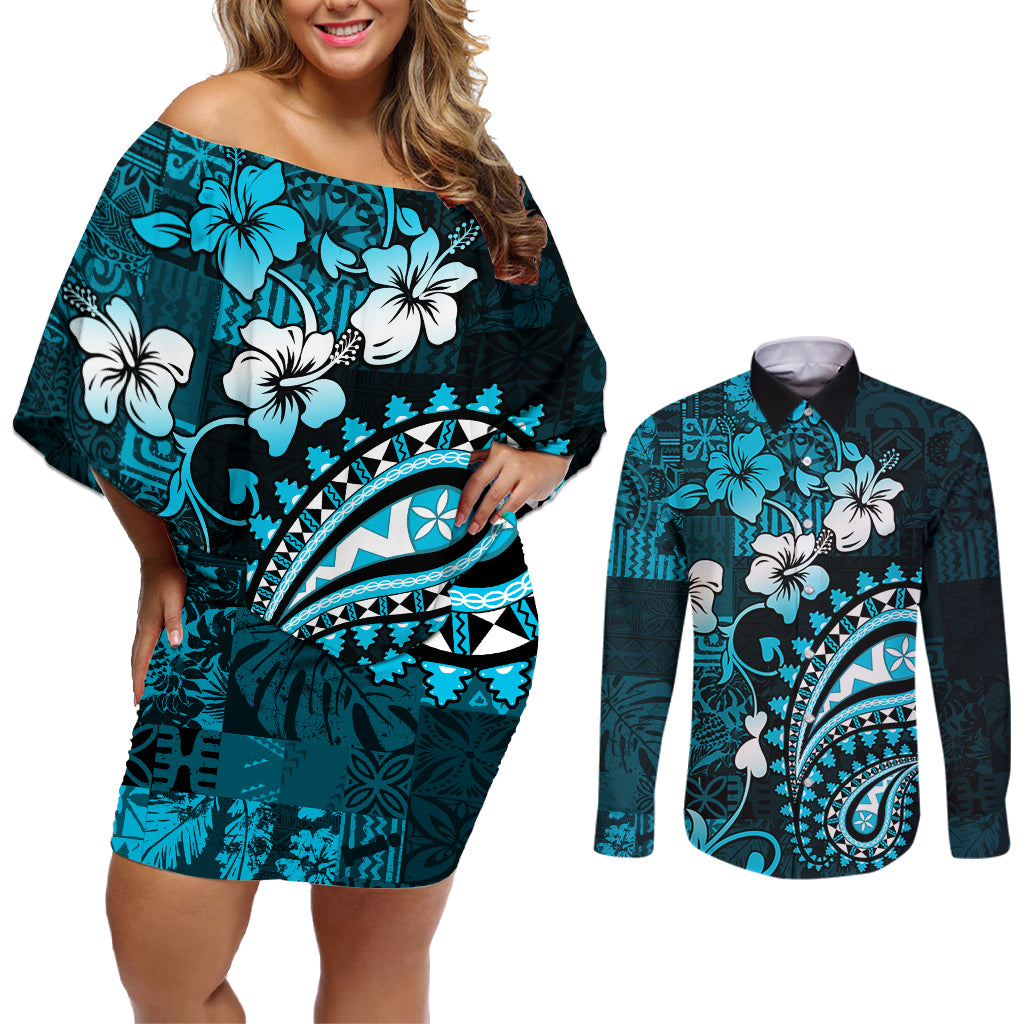 Fiji Masi Paisley Couples Matching Off Shoulder Short Dress and Long Sleeve Button Shirt Fijian Hibiscus Tapa Sky Blue Version LT01 Blue - Polynesian Pride