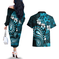 Fiji Masi Paisley Couples Matching Off The Shoulder Long Sleeve Dress and Hawaiian Shirt Fijian Hibiscus Tapa Sky Blue Version LT01 - Polynesian Pride
