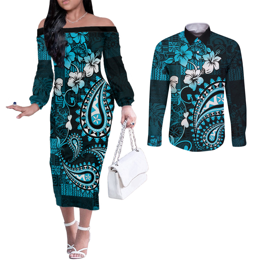 Fiji Masi Paisley Couples Matching Off The Shoulder Long Sleeve Dress and Long Sleeve Button Shirt Fijian Hibiscus Tapa Sky Blue Version LT01 Blue - Polynesian Pride