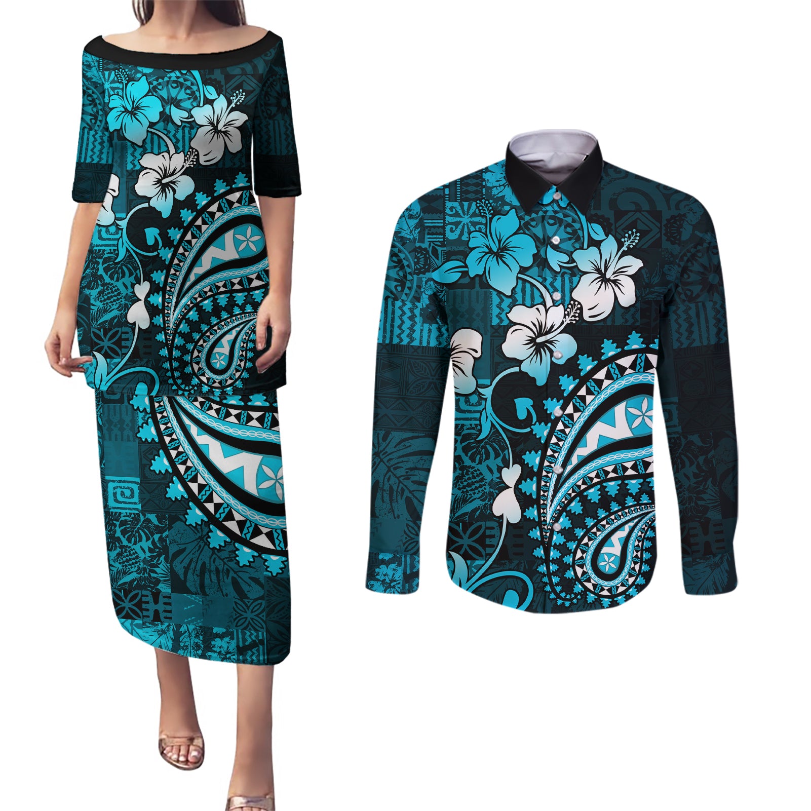 Fiji Masi Paisley Couples Matching Puletasi Dress and Long Sleeve Button Shirt Fijian Hibiscus Tapa Sky Blue Version LT01 Blue - Polynesian Pride