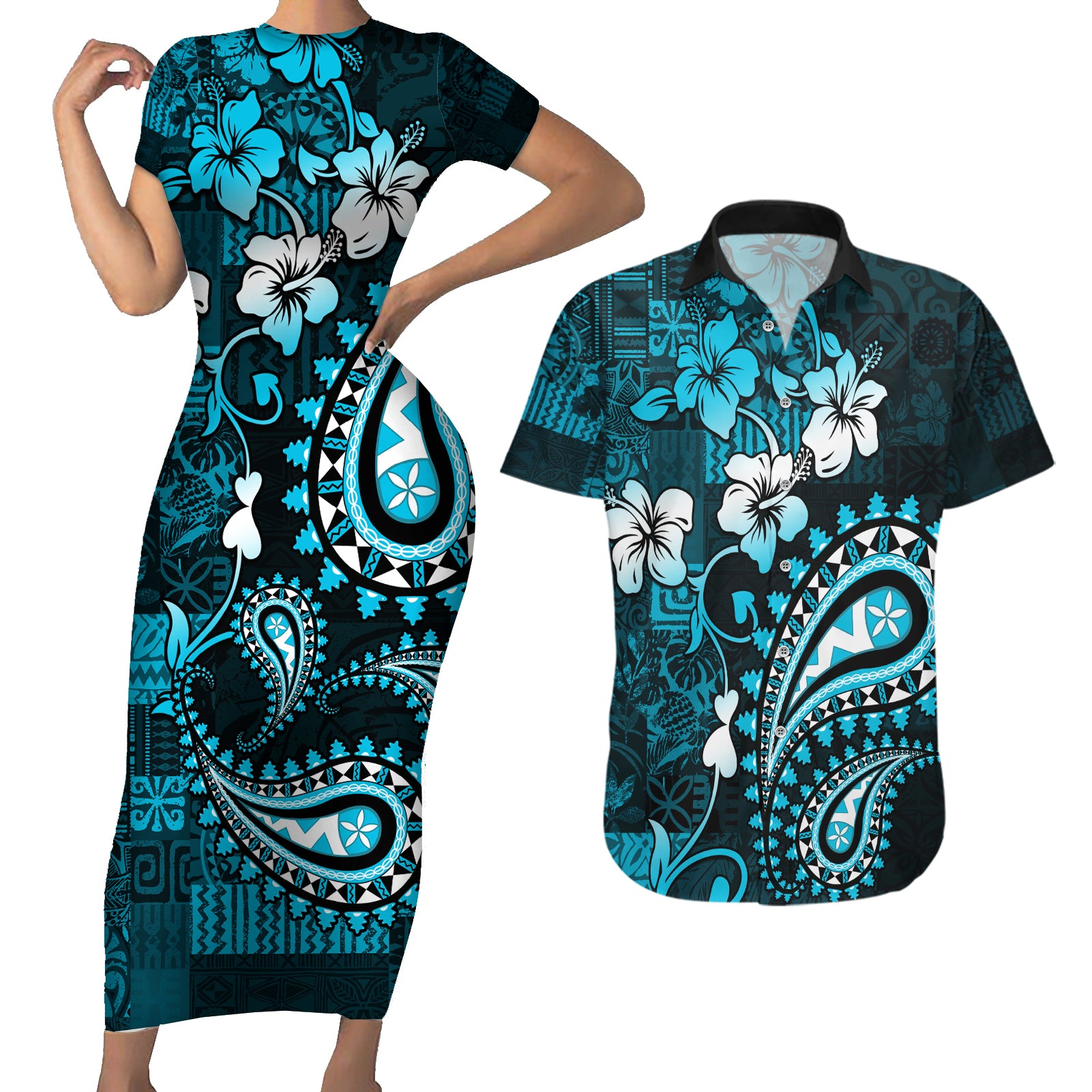 Fiji Masi Paisley Couples Matching Short Sleeve Bodycon Dress and Hawaiian Shirt Fijian Hibiscus Tapa Sky Blue Version LT01 Blue - Polynesian Pride