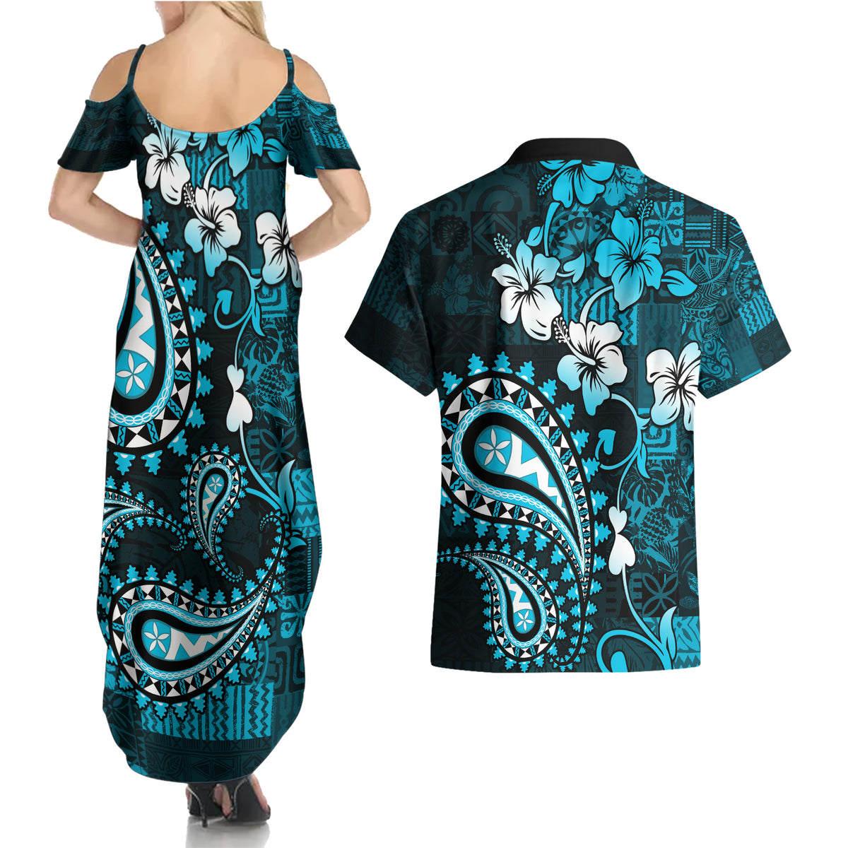 Fiji Masi Paisley Couples Matching Summer Maxi Dress and Hawaiian Shirt Fijian Hibiscus Tapa Sky Blue Version LT01 - Polynesian Pride