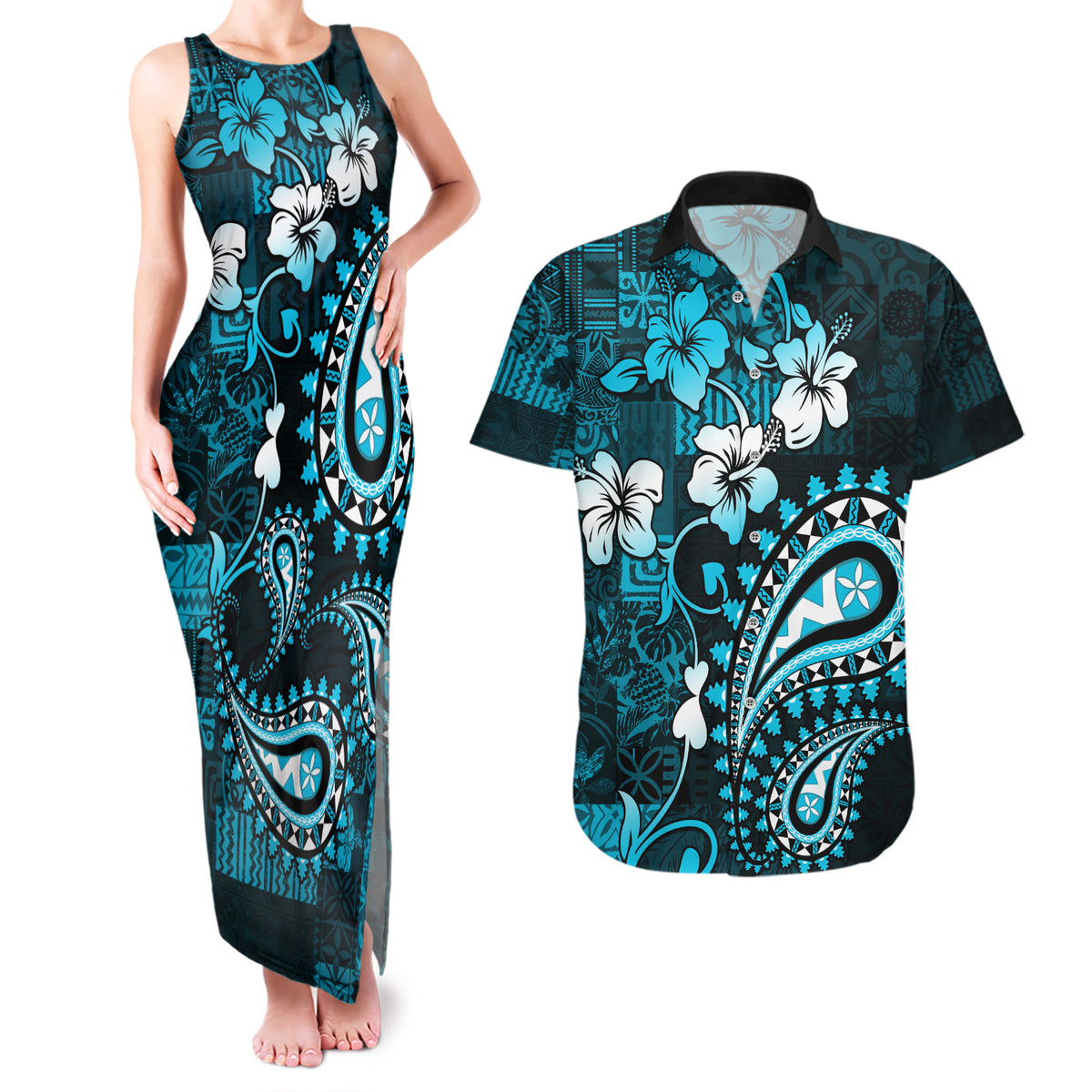 Fiji Masi Paisley Couples Matching Tank Maxi Dress and Hawaiian Shirt Fijian Hibiscus Tapa Sky Blue Version LT01 Blue - Polynesian Pride